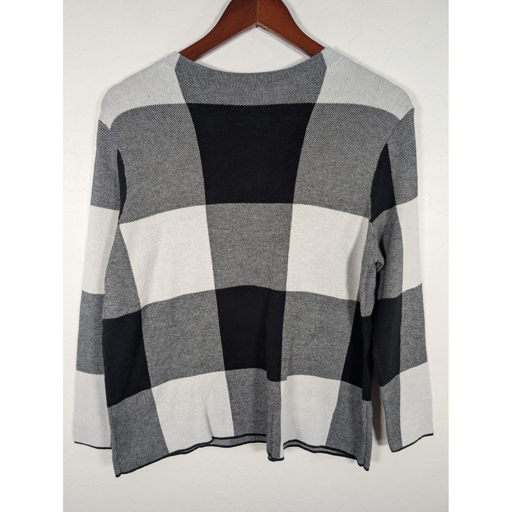 J Jill Sweater Womens Medium‎ Petite Black Gray White Checkered Pullover Cotton